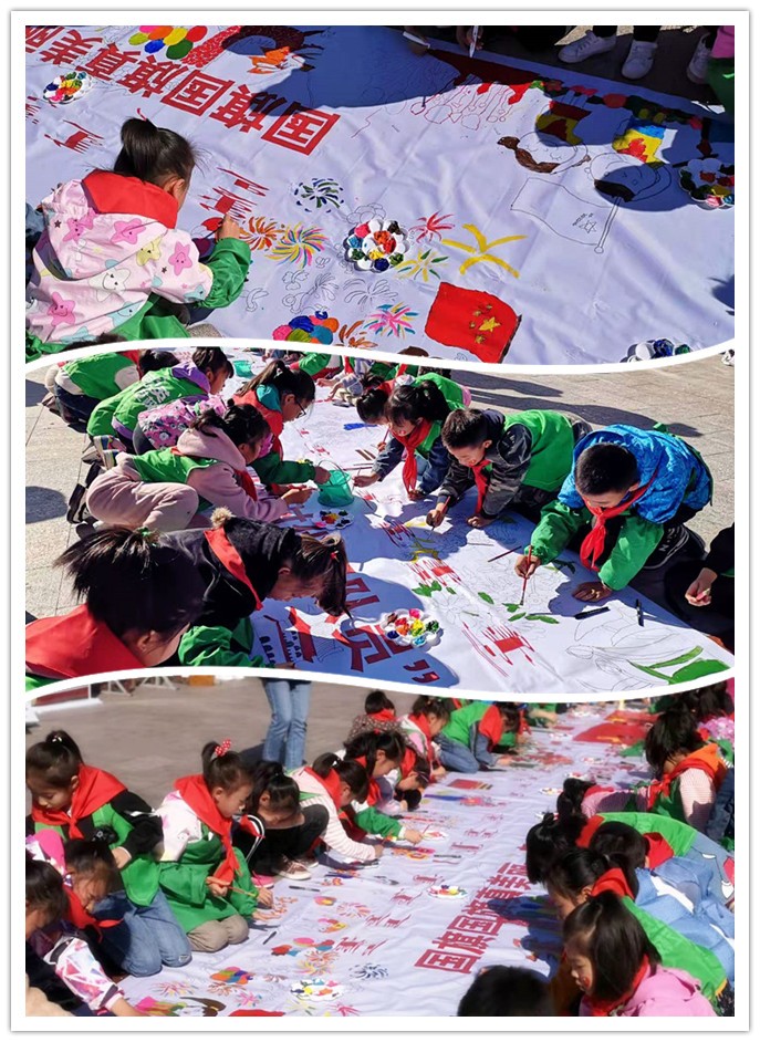 少先队员们在老师的指导下一边绘画国旗一边学习国旗法和国旗知识